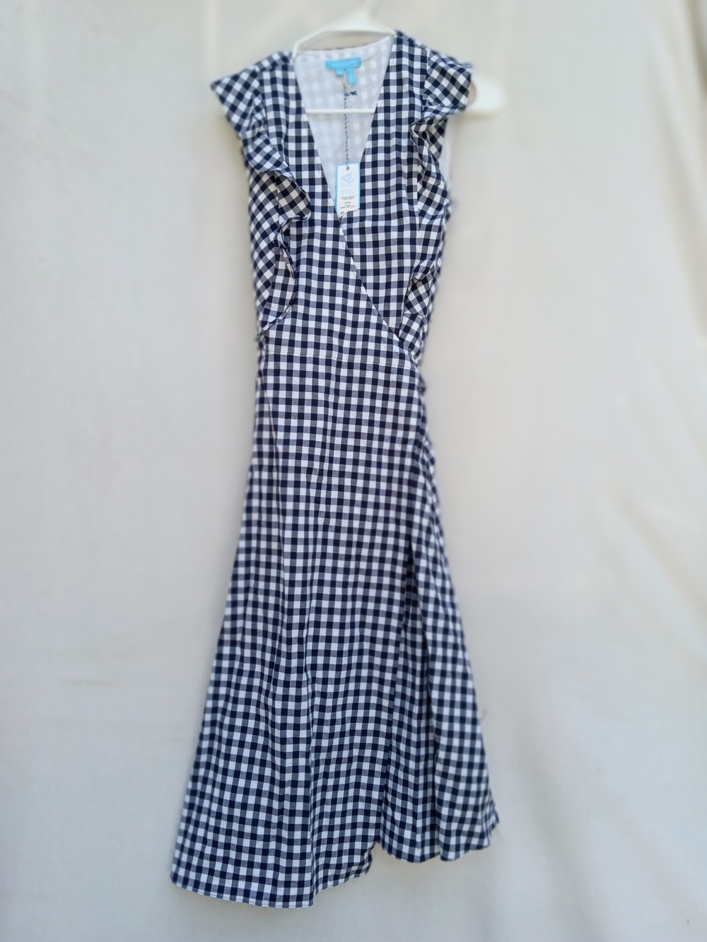 Draper James Navy and White Gingham Maxi Wrap Dress with Ruffle Trim